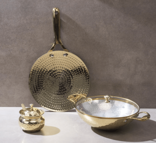 Brass Essentials Combo Set (Brass Roti Tawa with Insulated handle, Brass Ghee Pot, Brass Kadhai with Insulated handles & Glass lid)